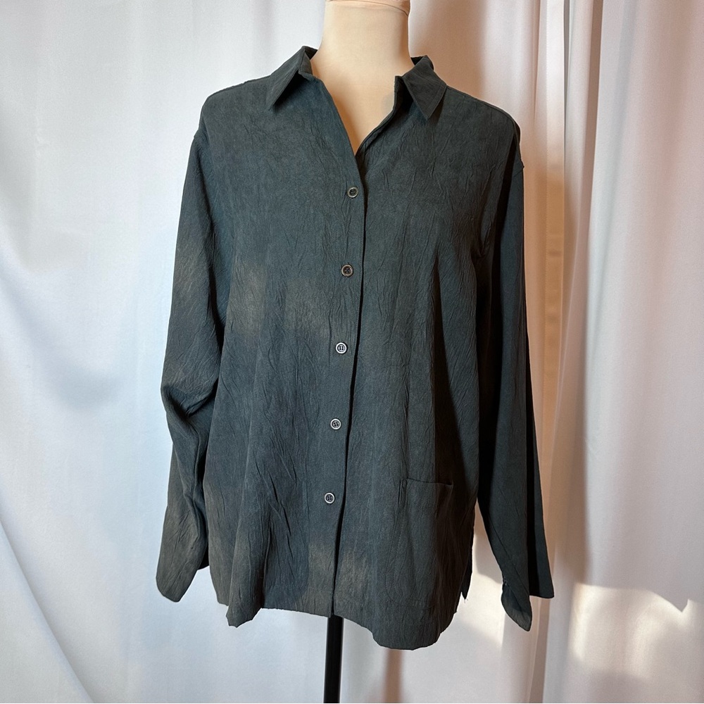 Vintage Button-Up Tunic Shirt Top Sz L Black Long Sleeve Lagenlook Boho Artsy
